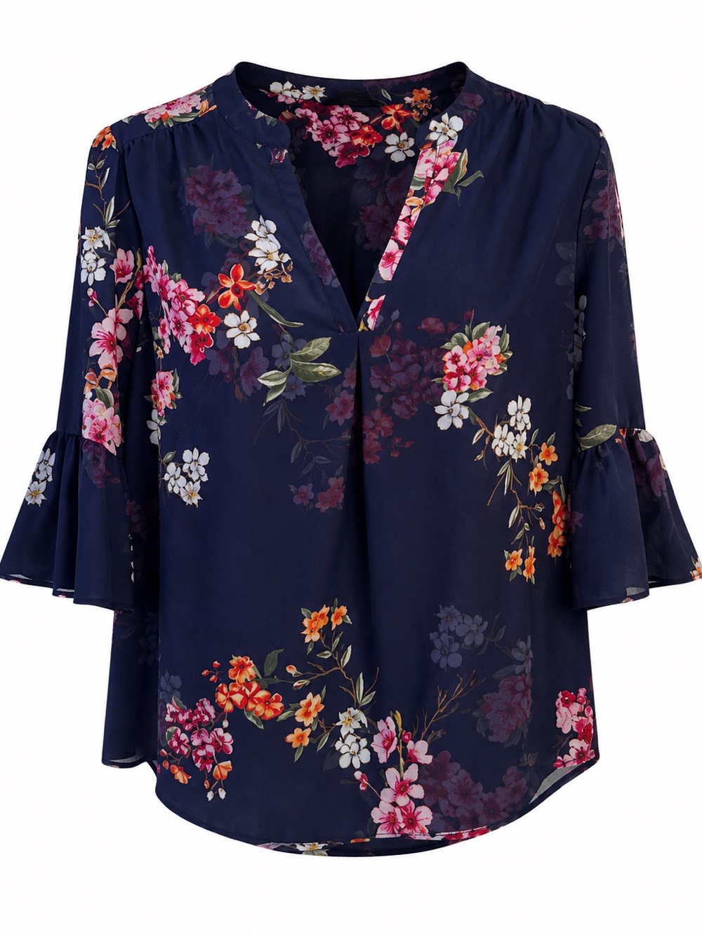eShakti Navy Blue Floral Popover V-Neck Top 3/4 Sleeves with Ruffle Size Large